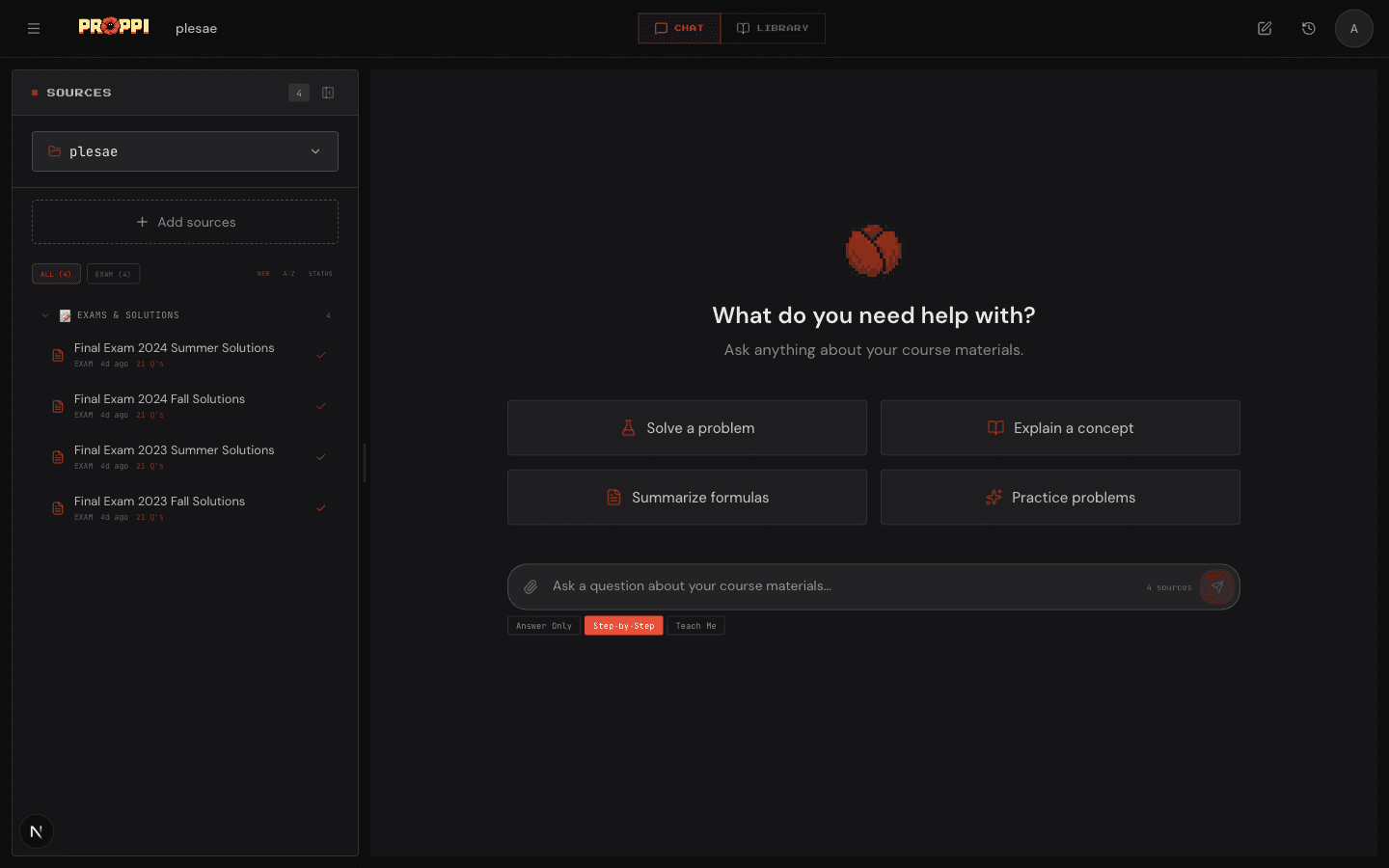 Proppi dashboard — citation-backed answers from your course materials